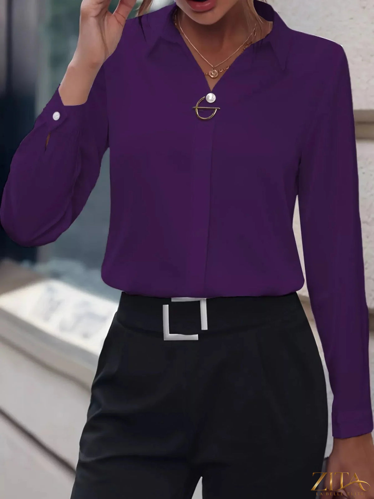 Zita La Belle Elite long sleeve satin blouse in soft, shiny fabric with a classic collar and button front.