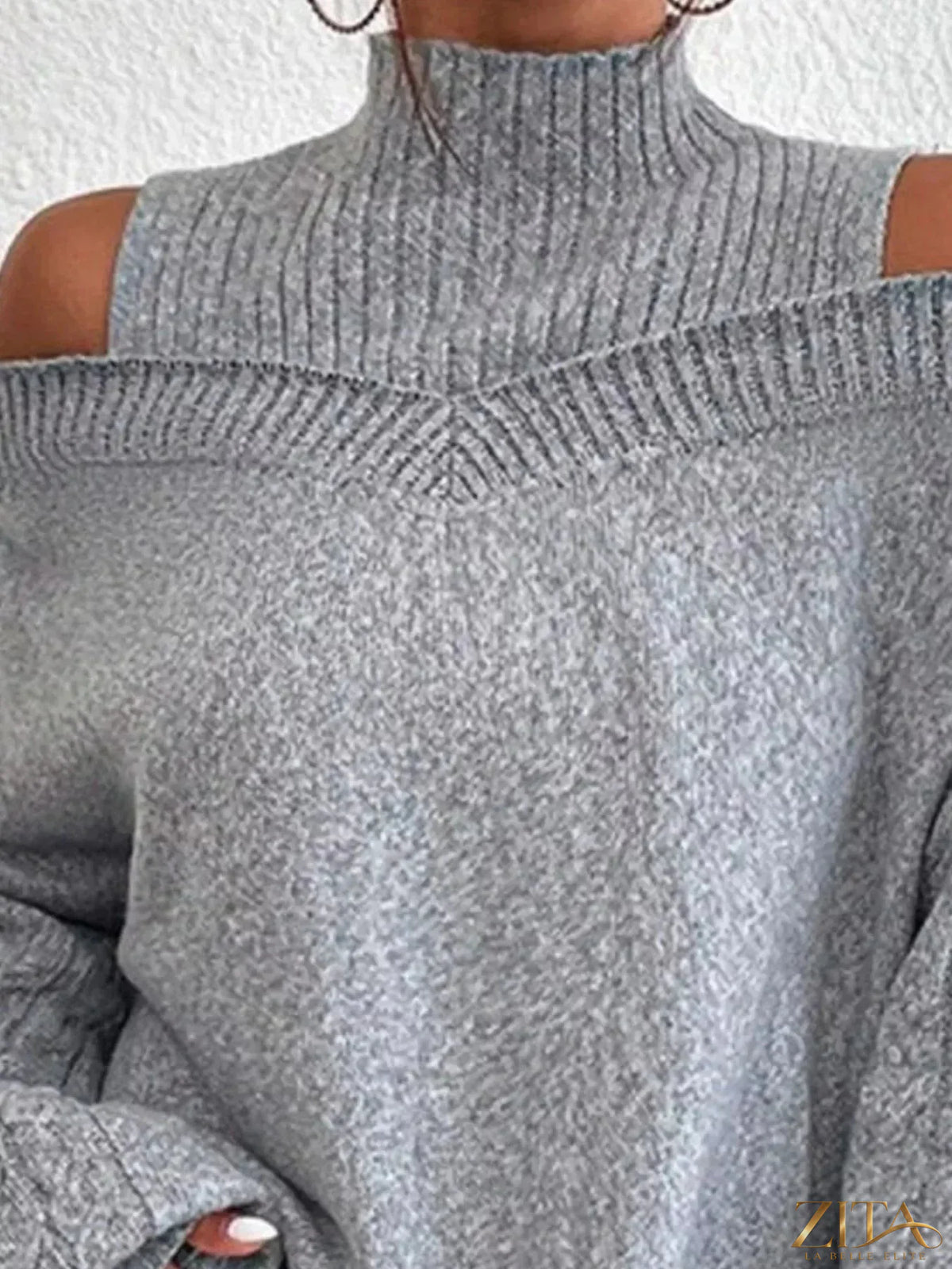Zita La Belle Elite cold shoulder turtleneck sweater in soft knit with exposed shoulders and fitted design.