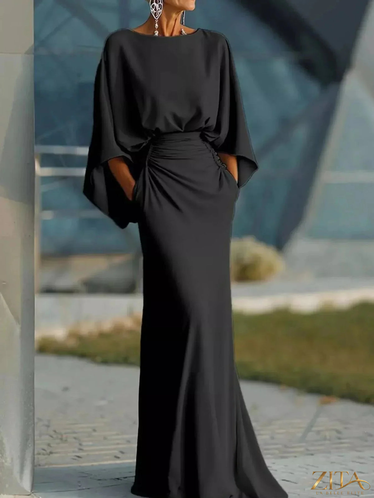 Zita La Belle Elite Batwing Sleeve Ruched Maxi Dress in flowy fabric with draped sleeves and ruched bodice, full-length, elegant evening style