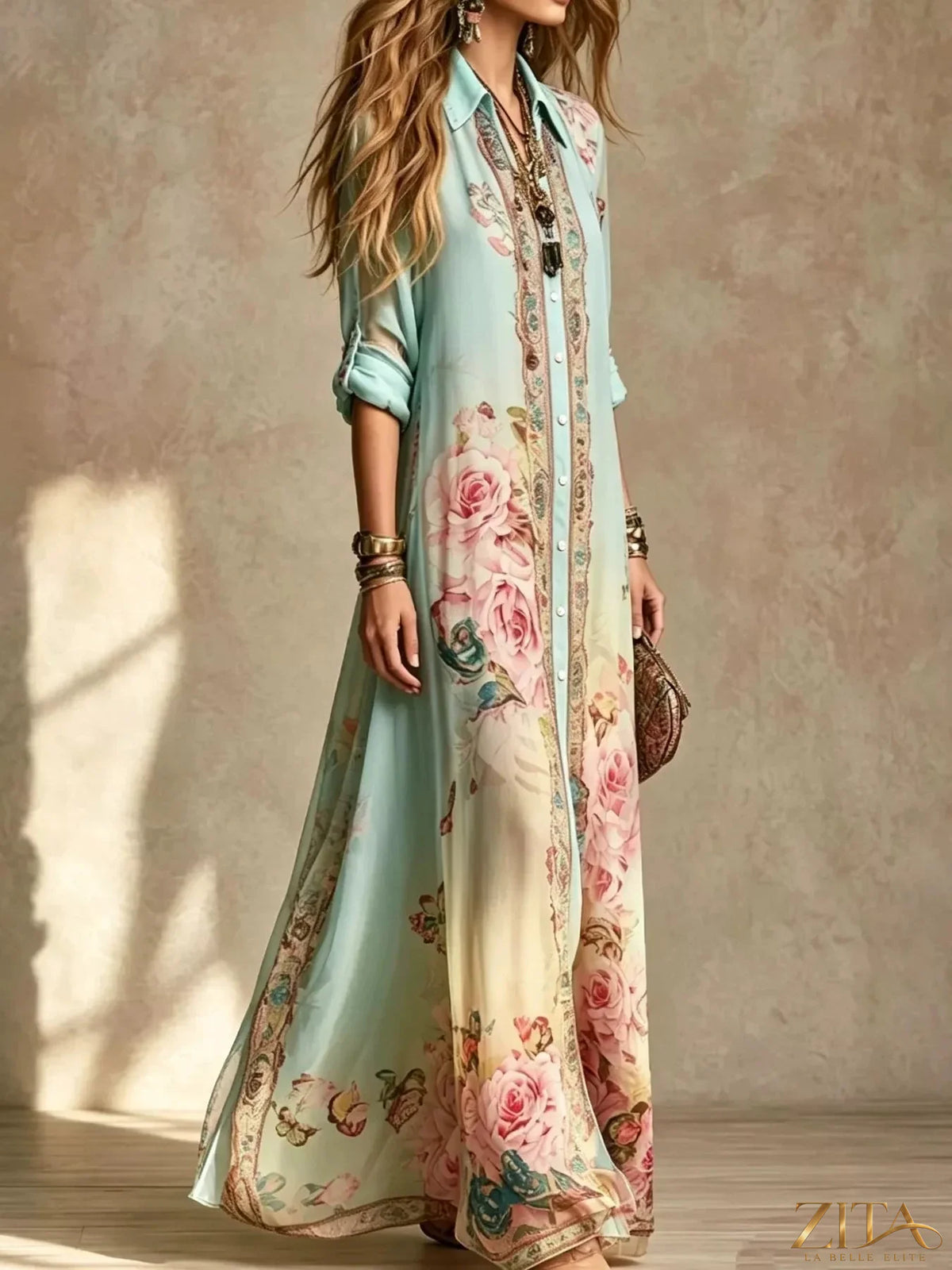 Full size floral print button-down maxi shirt dress by Zita La Belle Elite, featuring a vibrant, flowing design and long sleeves.