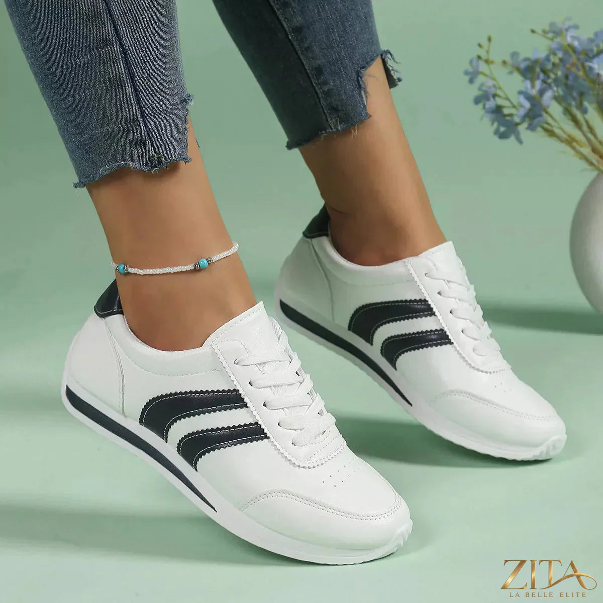 Zita La Belle Elite round toe lace-up sneakers with white sole, stylish casual footwear for women