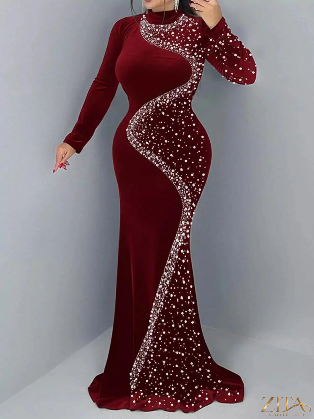 Rhinestone embellished velvet mermaid evening maxi dress by Zita La Belle Elite, featuring a fitted silhouette and luxurious fabric.