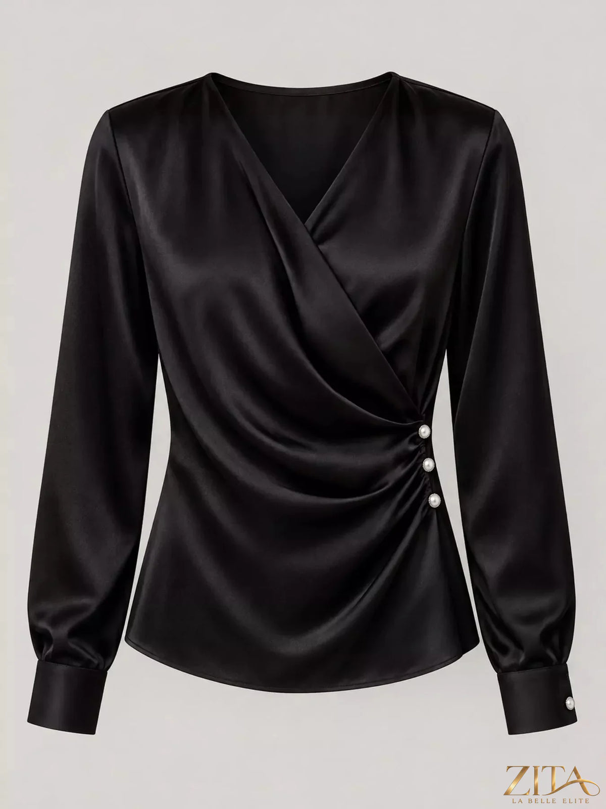 Zita La Belle Elite satin surplice long sleeve blouse with a V-neck, draped fabric, and elegant design.