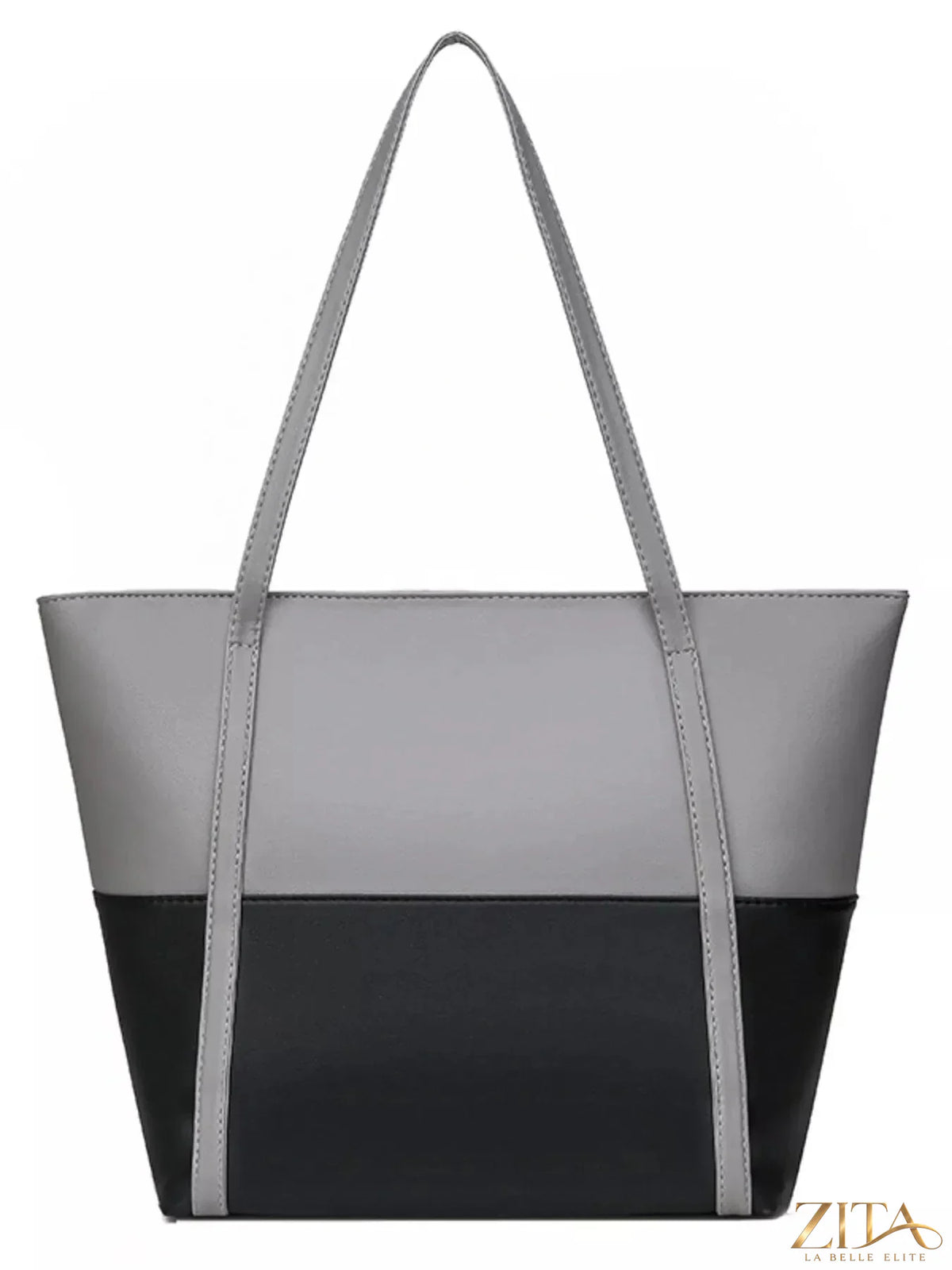 Two-tone tote bag by Zita La Belle Elite with beige and black design, featuring sturdy handles and spacious interior.