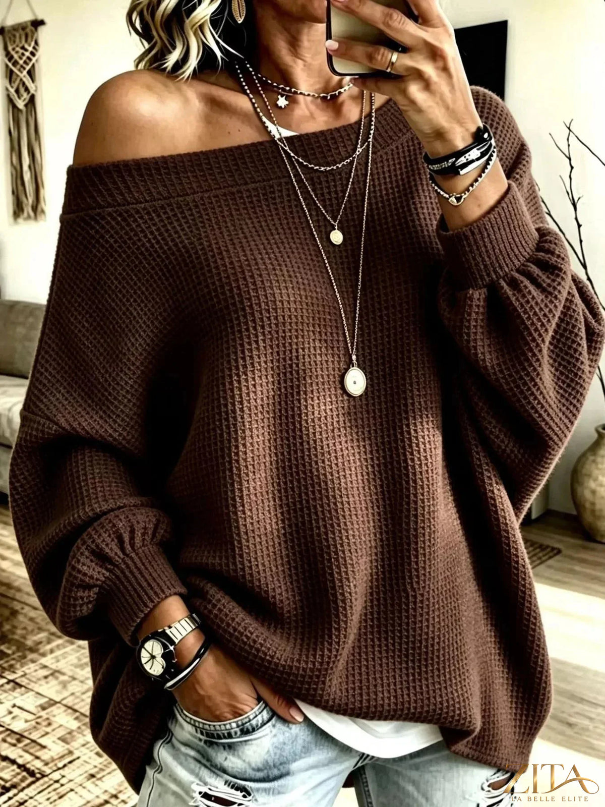 Plus size Zita La Belle Elite waffle knit boat neck sweatshirt with full-length sleeves and cozy, textured fabric.