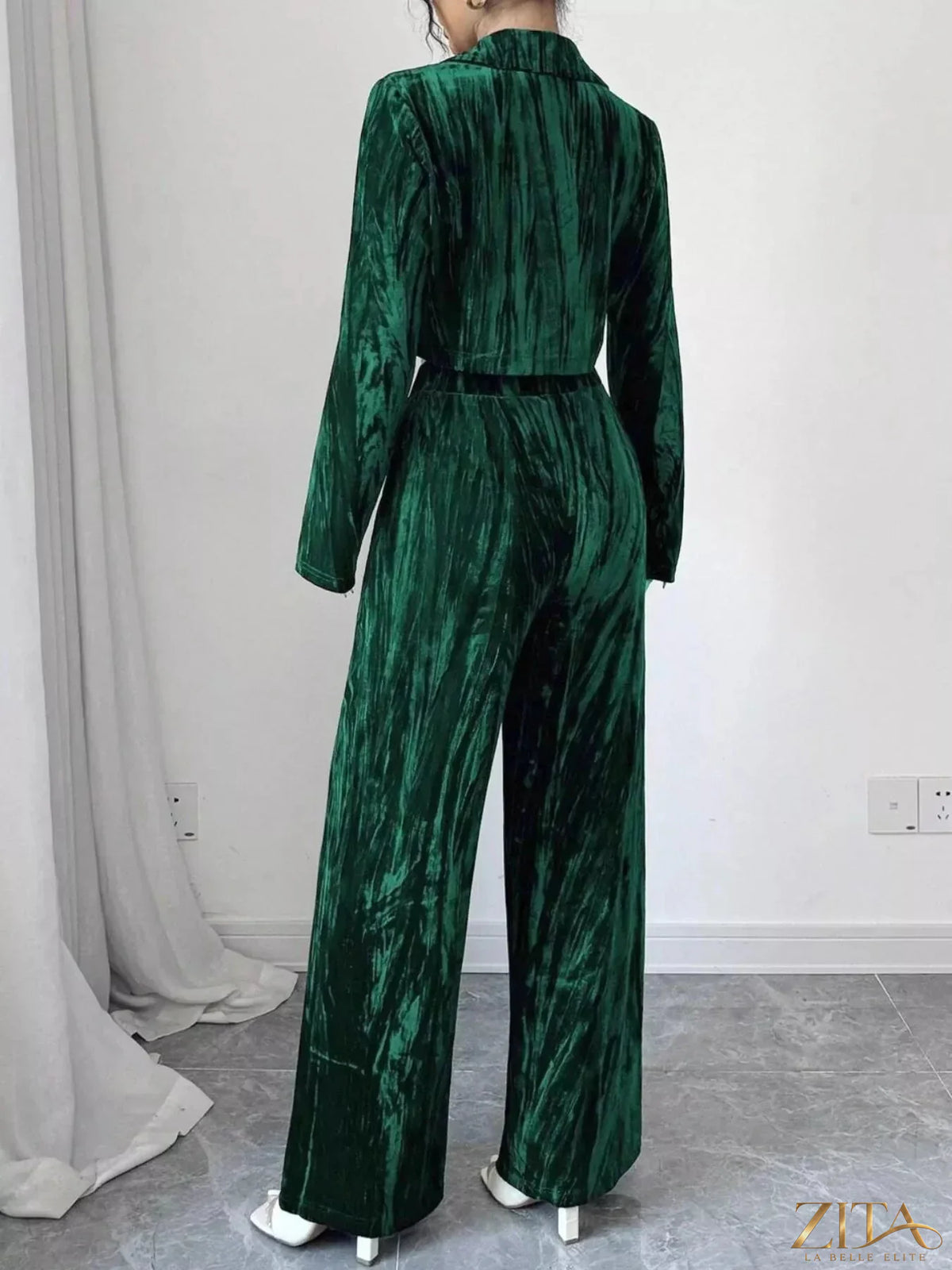 Zita La Belle Elite pleated velvet blazer and wide-leg pants set, featuring a sophisticated, textured velvet fabric and tailored fit.