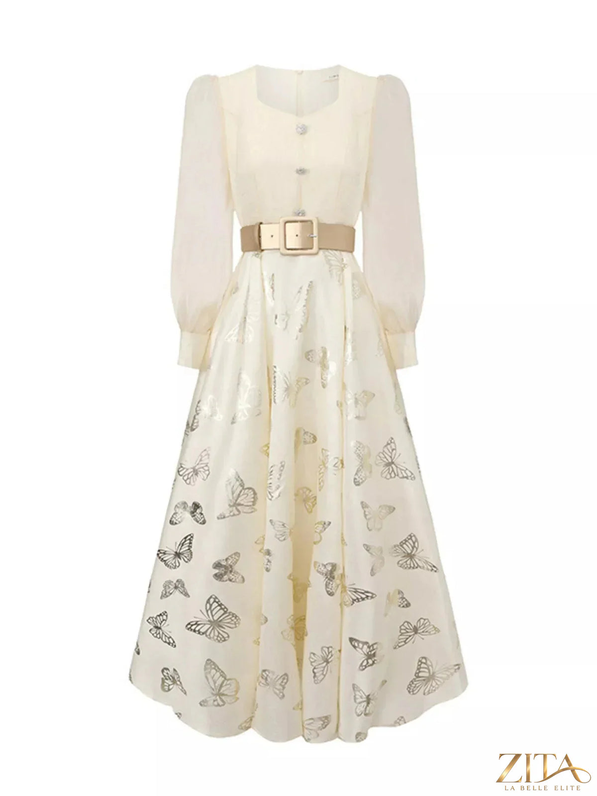 Butterfly print puff sleeve dress by Trendsi featuring a flowing silhouette and vibrant butterfly patterns on lightweight fabric.