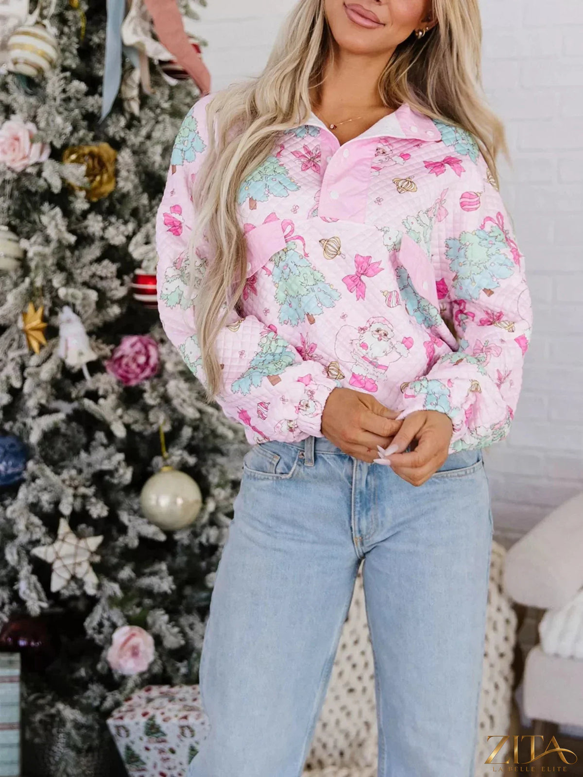 Zita La Belle Elite Christmas print collar loose sweatshirt with half button detail and festive holiday design.