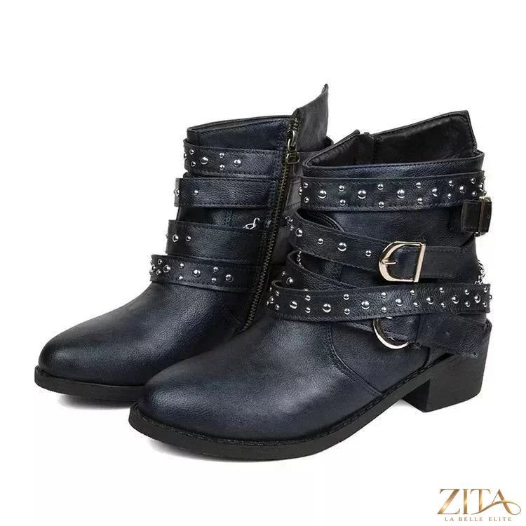 Black studded buckle ankle boots by Zita La Belle Elite with metal buckle and textured leather finish
