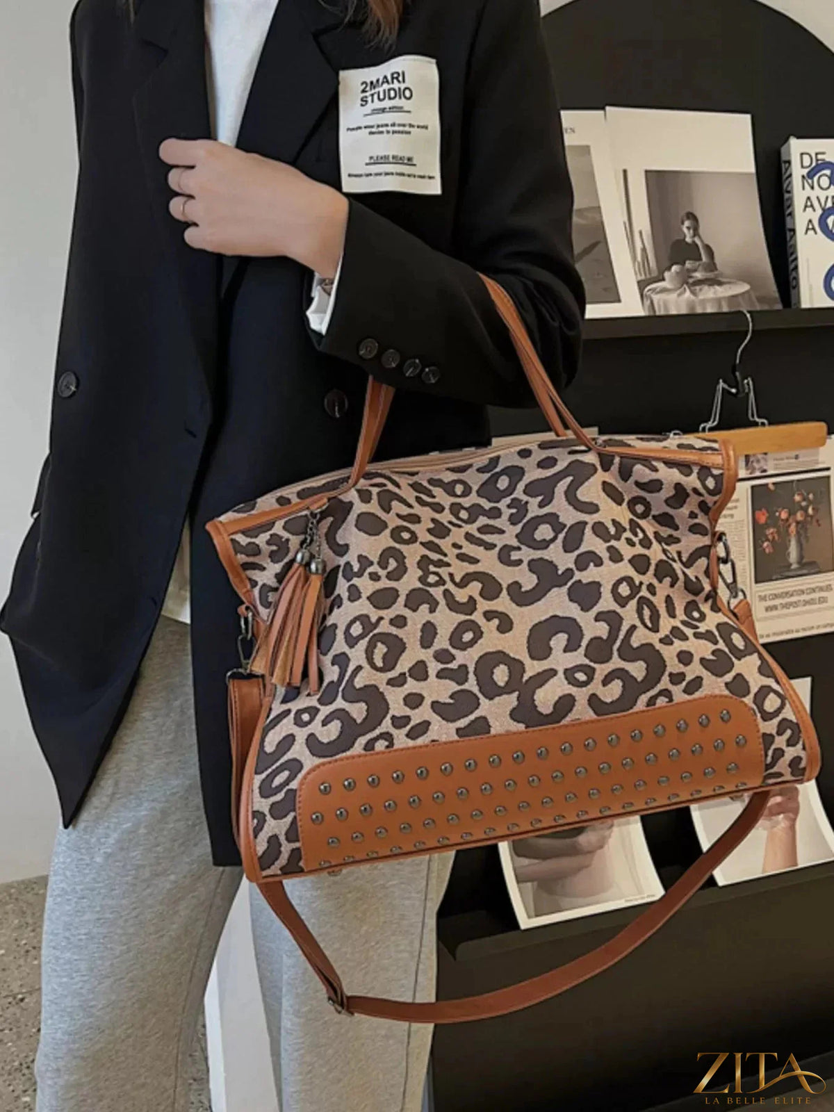 Leopard studded tote bag by Zita La Belle Elite with gold-tone hardware and spacious interior, perfect for stylish everyday use.