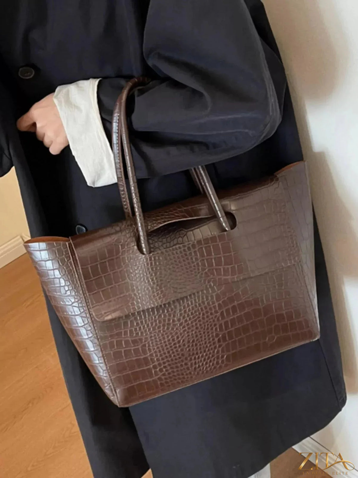 Crocodile embossed tote bag by Zita La Belle Elite with sturdy handles and textured crocodile pattern, perfect for stylish everyday use.