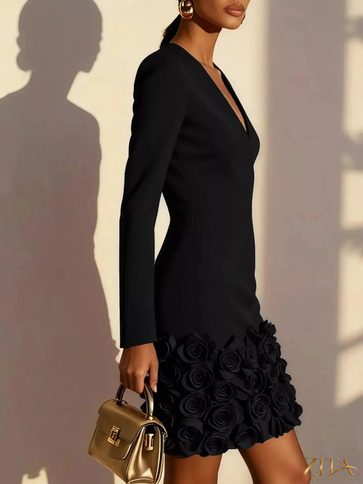 V-neck dress with rose embellishments from Trendsi, featuring a stylish silhouette and floral details visible in the image.