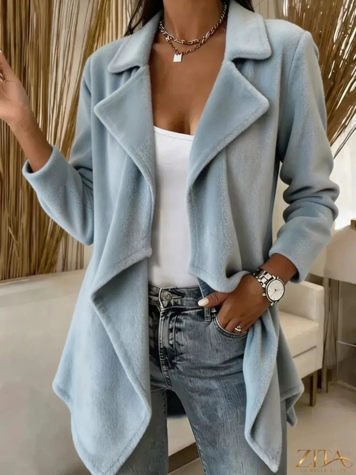 Plus size Zita La Belle Elite fleece waterfall collar outerwear with full size fit, cozy and stylish winter jacket.
