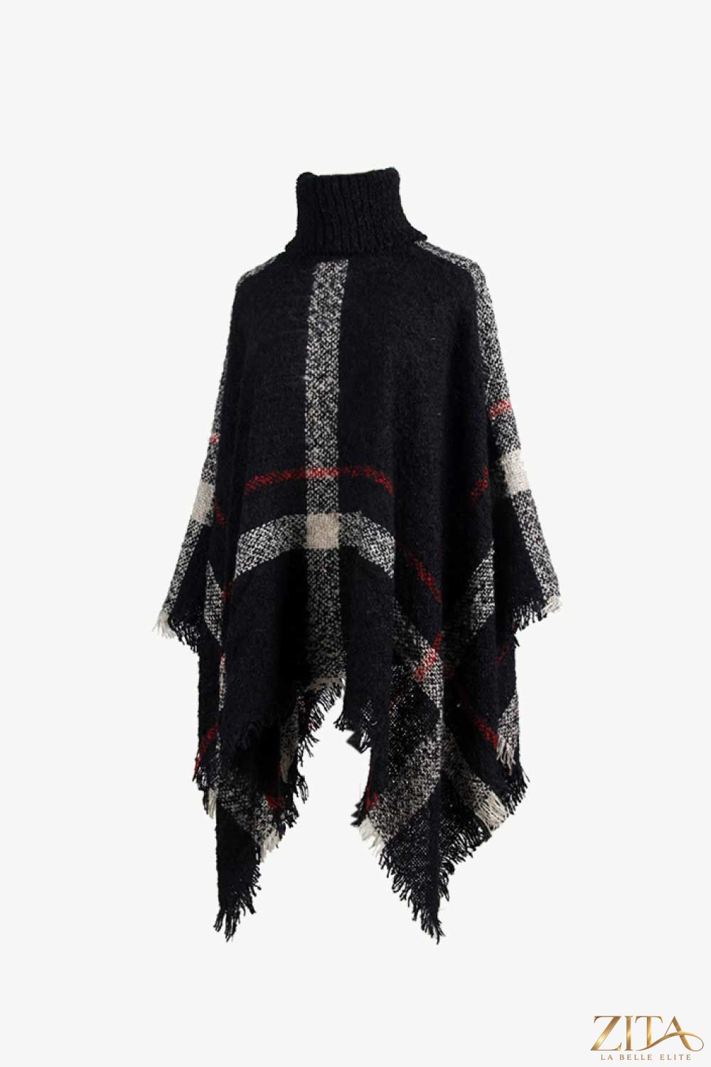 Plaid turtleneck raw hem poncho from Trendsi featuring a cozy, stylish plaid pattern and a high neck design.