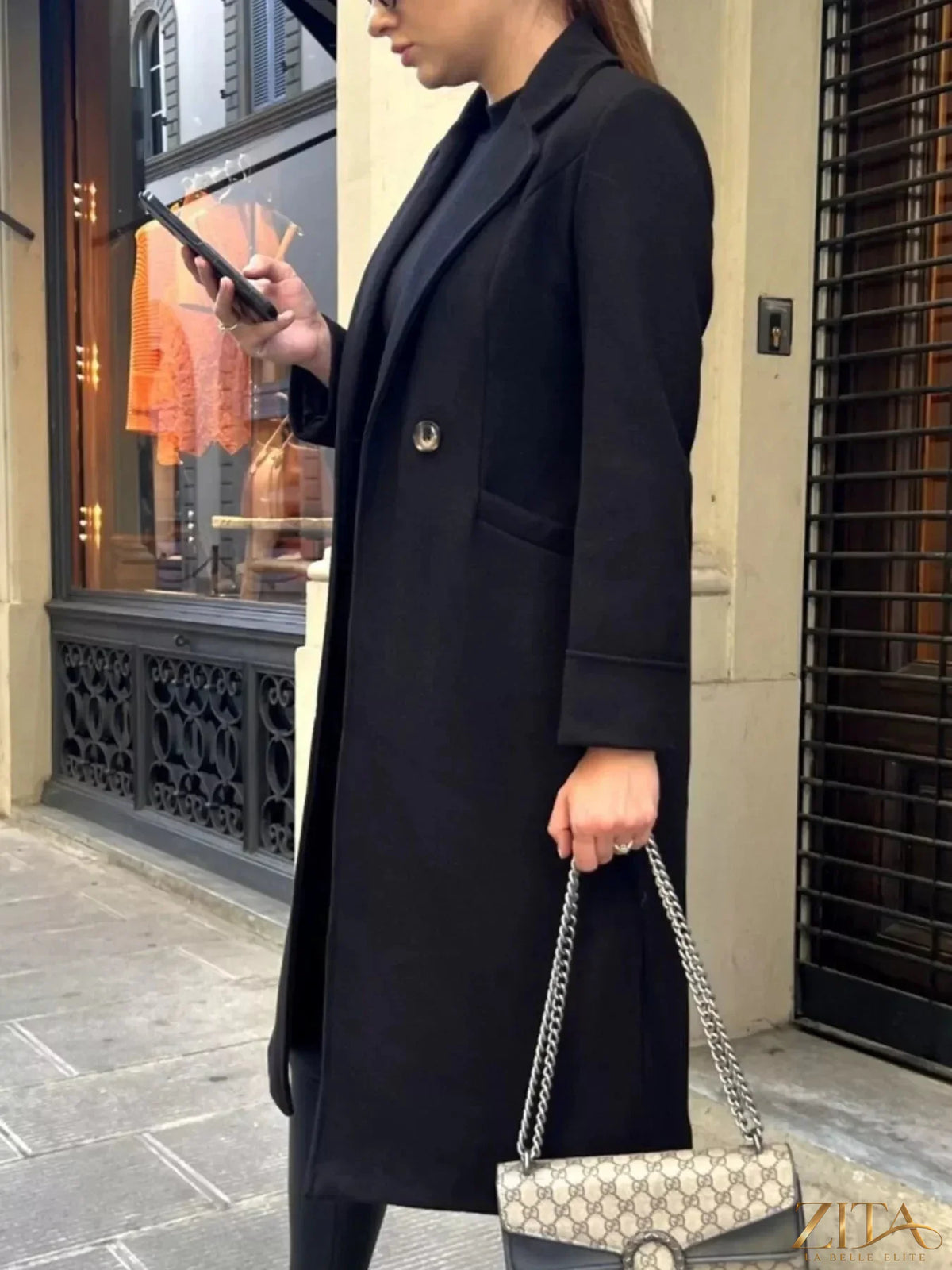 Zita La Belle Elite wool blend overcoat with lapel collar, tailored fit, in neutral color, shown on a mannequin.
