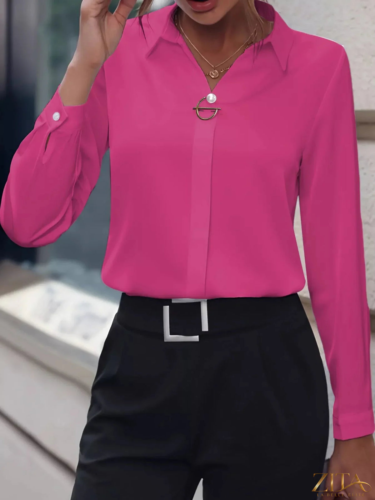 Zita La Belle Elite long sleeve satin blouse with a smooth, shiny fabric, featuring a classic collar and elegant design.