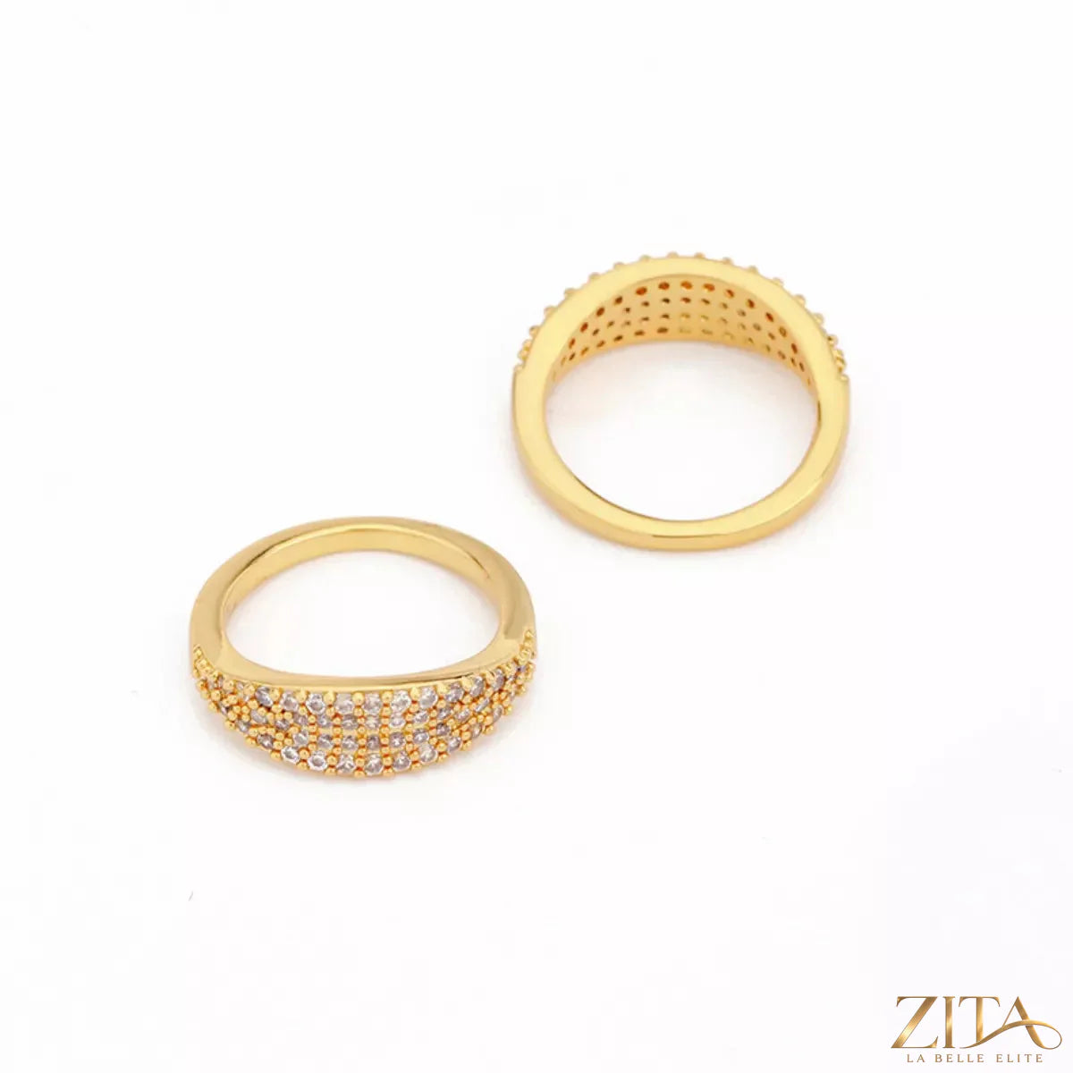 18K gold-plated copper zircon round ring by Zita La Belle Elite with a polished finish and sparkling zircon stone.