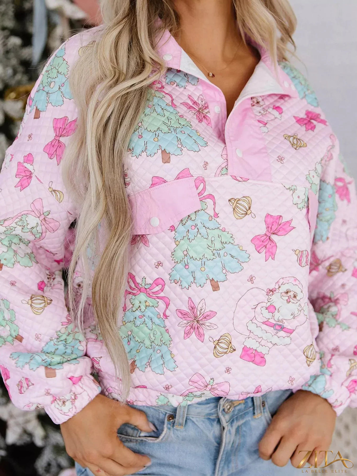 Zita La Belle Elite Christmas print collar loose sweatshirt with half button front and cozy fit, featuring festive holiday design.