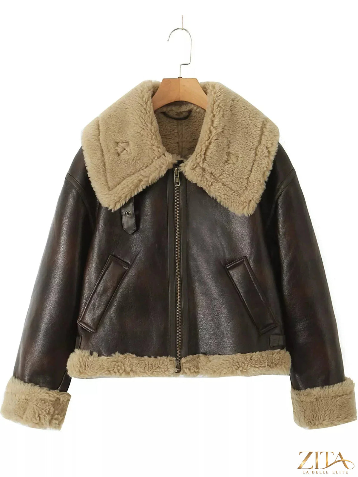 Zita La Belle Elite vintage-inspired faux leather aviator jacket with plush shearling trim, stylish and warm outerwear.