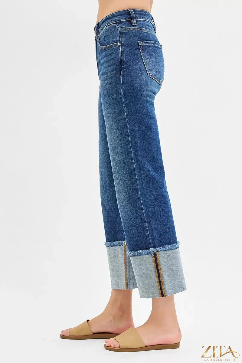 Zita La Belle Elite RISEN mid-rise crop wide cuffed plus size jeans, showcasing relaxed fit and stylish cuffs on a model.