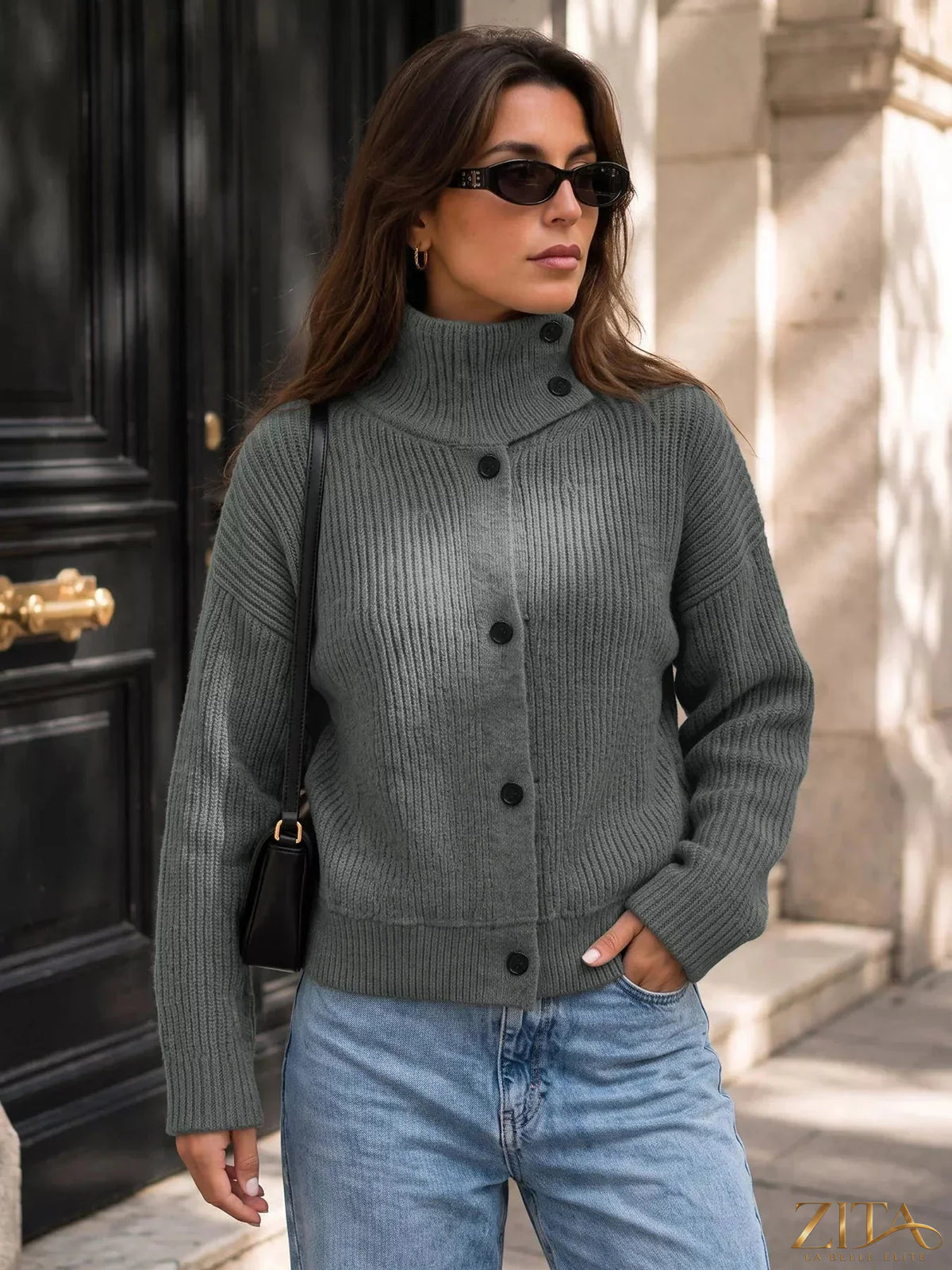 Zita La Belle Elite turtleneck button-down cardigan featuring a cozy knit, button front, and classic style in a neutral color.