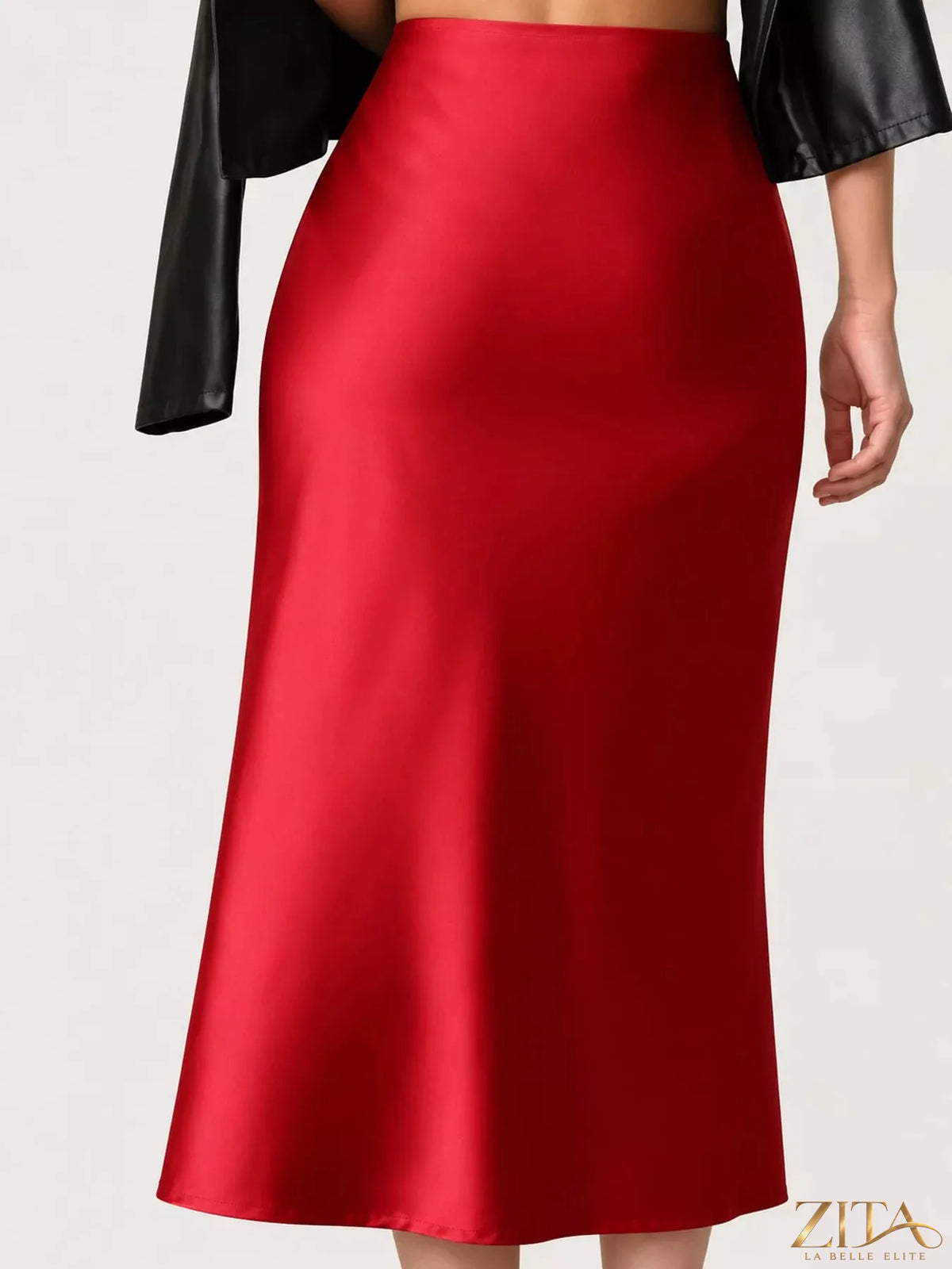 High-waisted satin midi skirt from Trendsi with a smooth, shiny fabric and a flowing silhouette, shown on a neutral background.