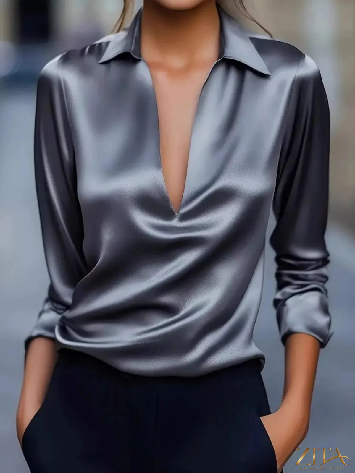 Zita La Belle Elite satin Johnny collar long sleeve blouse with button front and elegant design, shown in a close-up image.