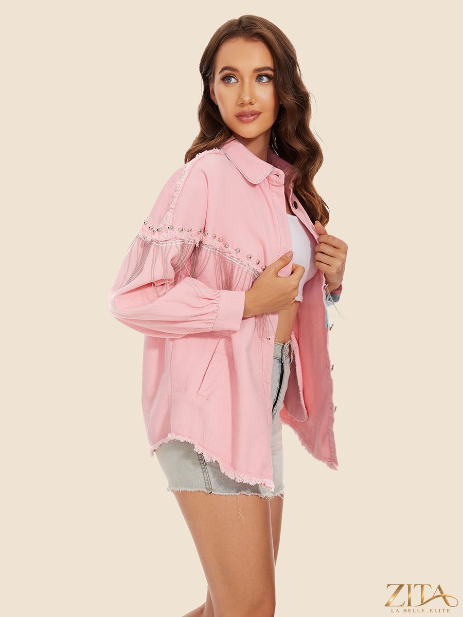 Zita La Belle Elite raw hem denim jacket with fringe details, casual fashion outerwear, front view showing distressed style and frayed hem