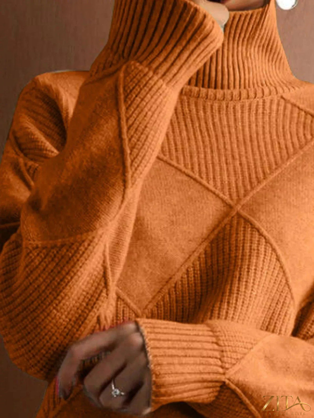 Zita La Belle Elite argyle pattern turtleneck sweater featuring a classic multicolor diamond design and cozy knit fabric.