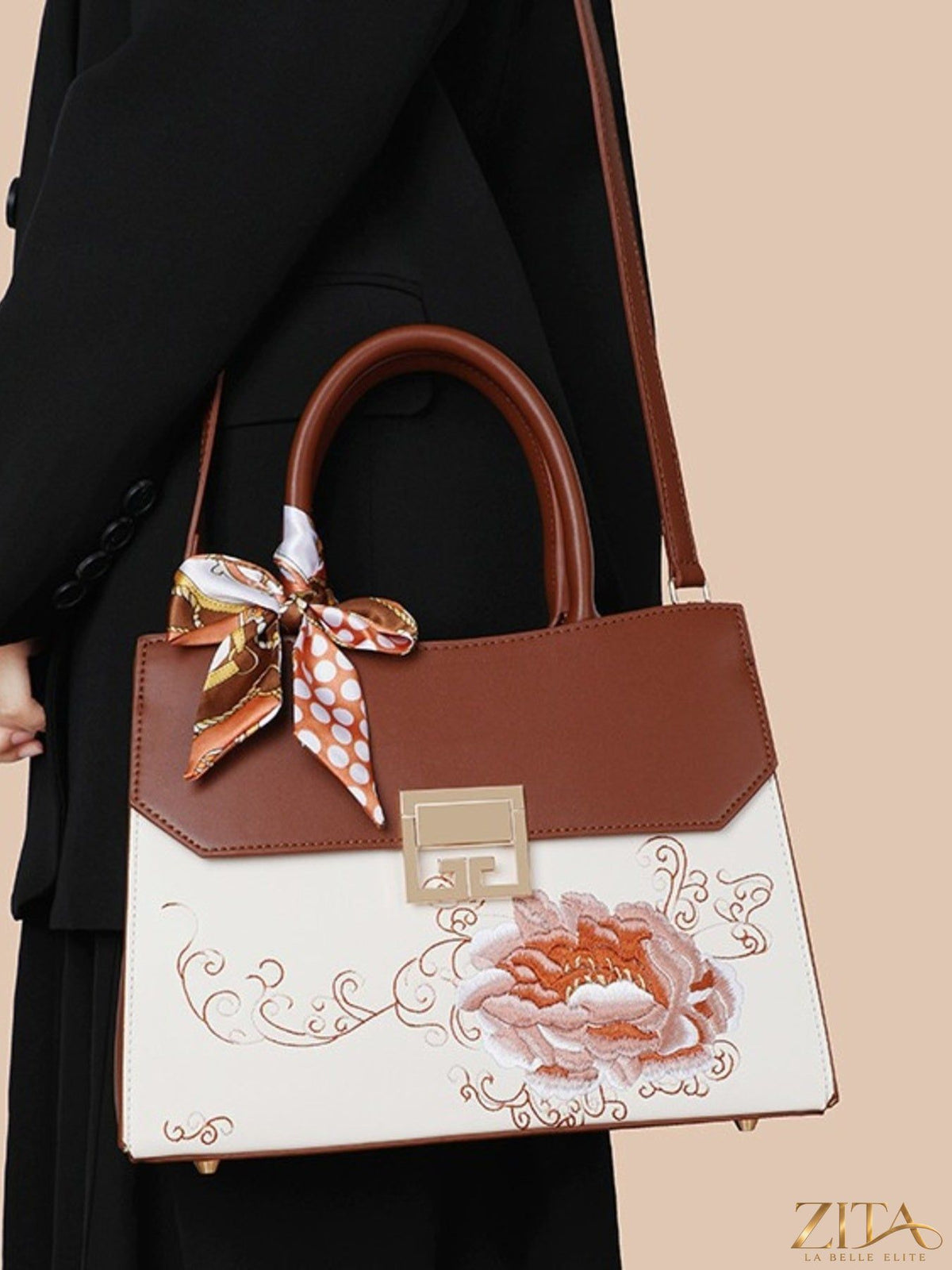 Zita La Belle Elite floral top handle handbag with colorful fabric and structured design, ideal for stylish daytime use.