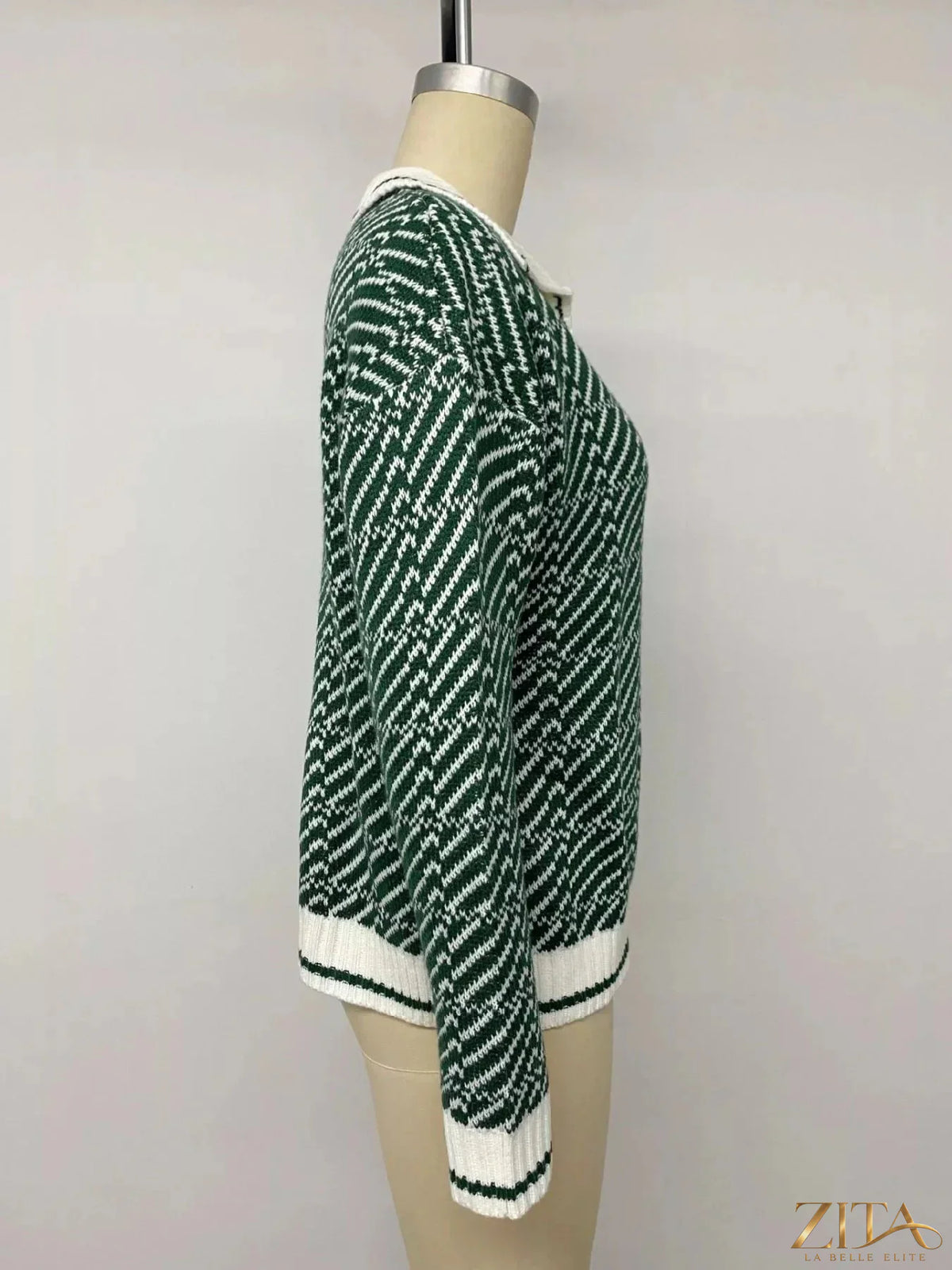 Zita La Belle Elite geometric patterned collared sweater with bold designs and a classic collar, displayed on a mannequin.