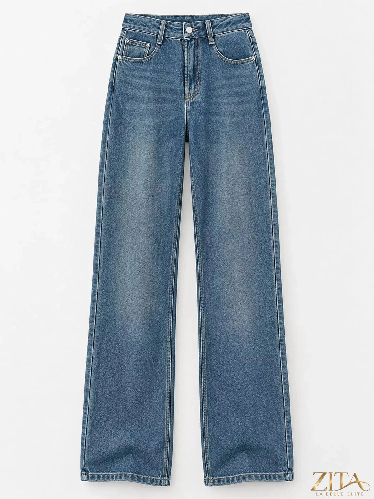 High-waisted vintage wash wide-leg jeans by Zita La Belle Elite, showcasing relaxed fit and classic denim style.
