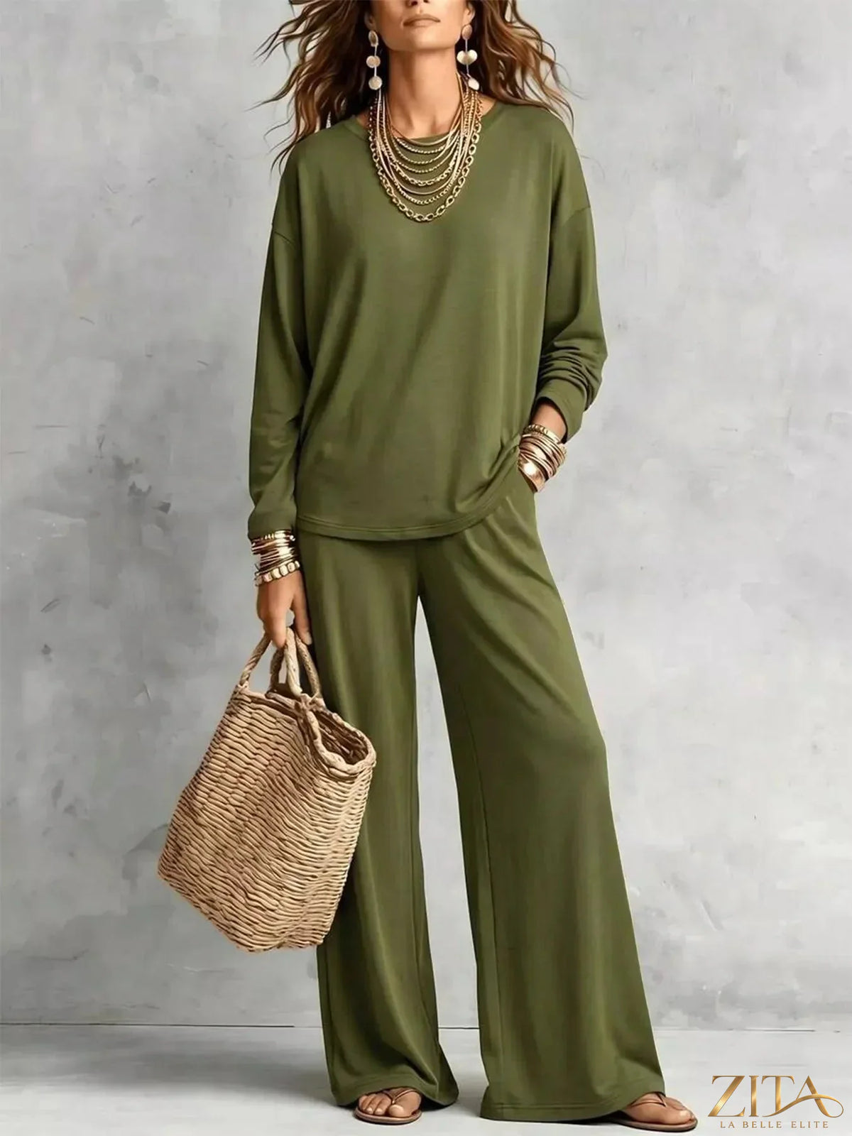 Zita La Belle Elite round neck T-shirt and wide-leg pants set, casual fit, in soft fabric, shown in a stylish outfit.