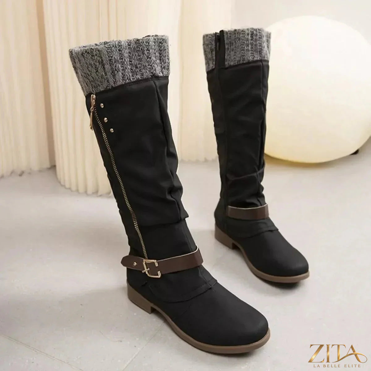 Zita La Belle Elite knee high slouch boots with knit cuff, stylish leather footwear with relaxed slouch design and cozy knit detail