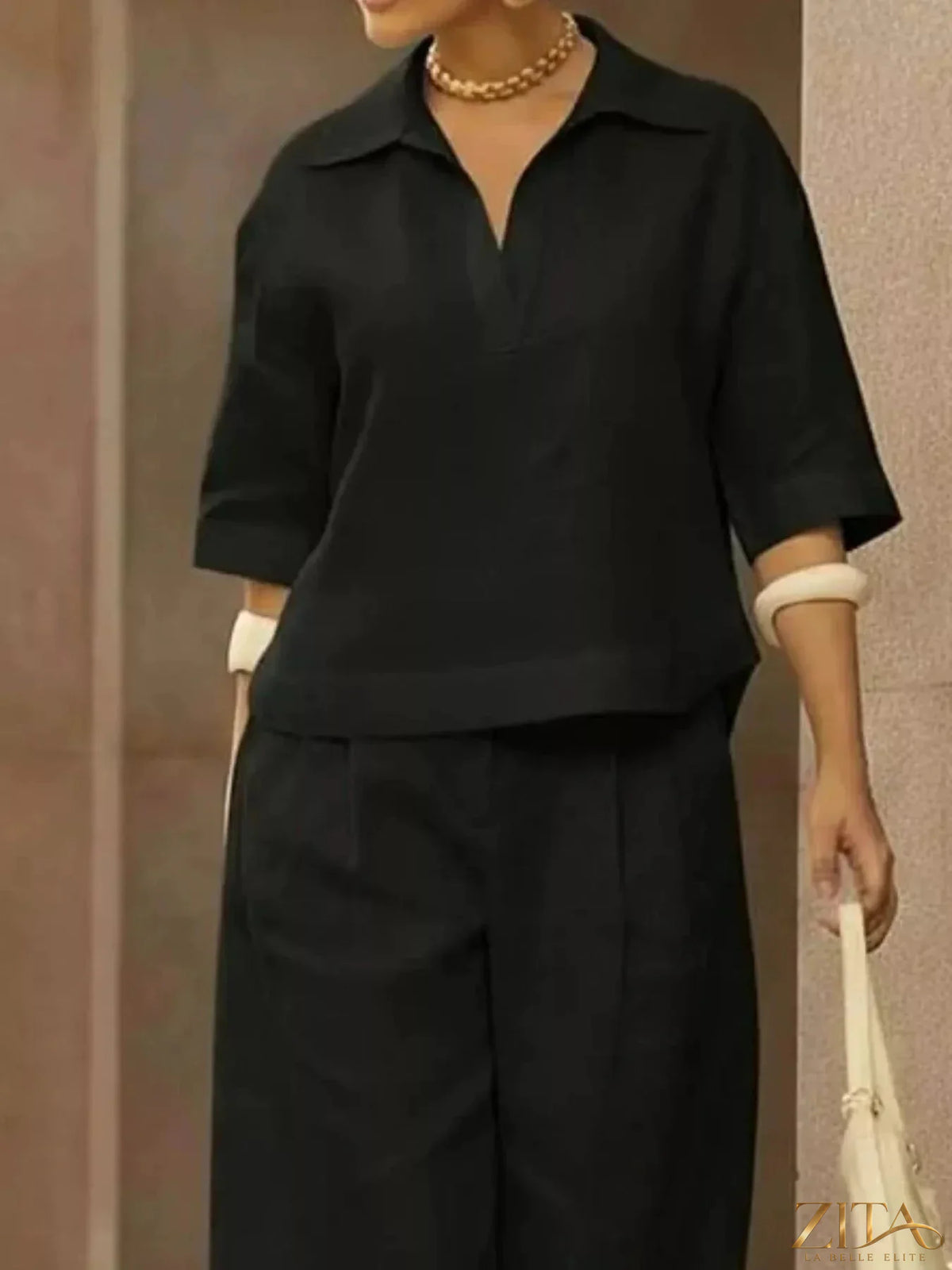 Plus size Zita La Belle Elite 3/4 sleeve top and wide-leg pants two-piece set, featuring a stylish and comfortable coordinated outfit.