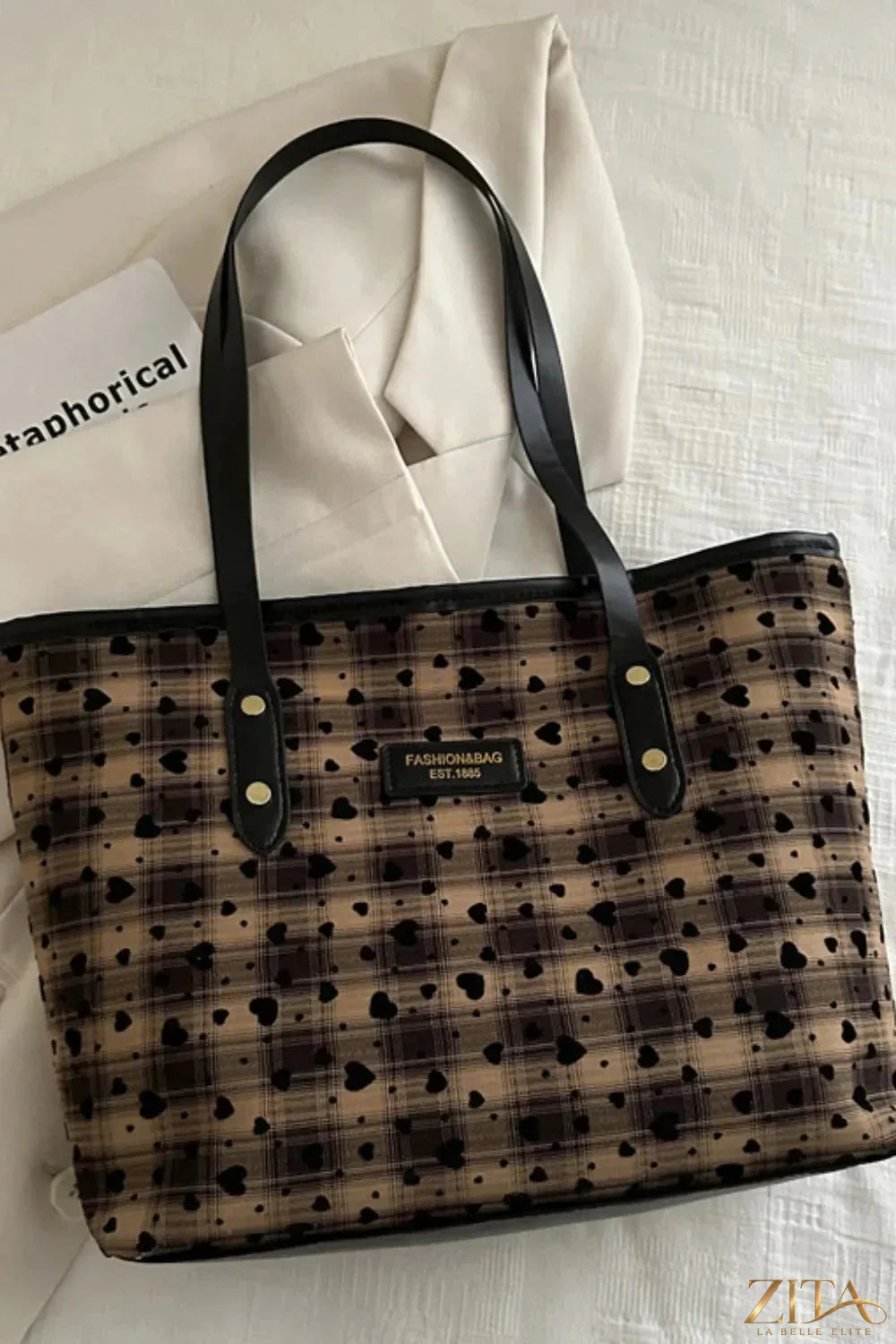 Heart plaid PU leather strap tote bag by Zita La Belle Elite with a stylish heart pattern and spacious design.