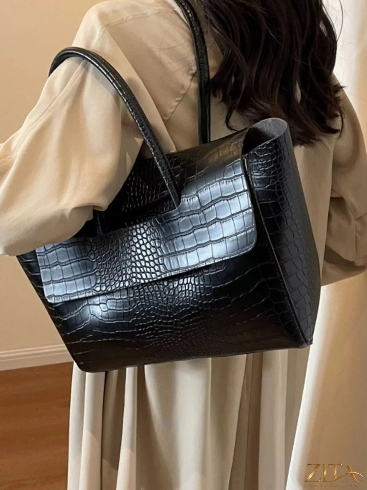 Crocodile embossed tote bag by Zita La Belle Elite featuring textured leather design and sturdy handles.