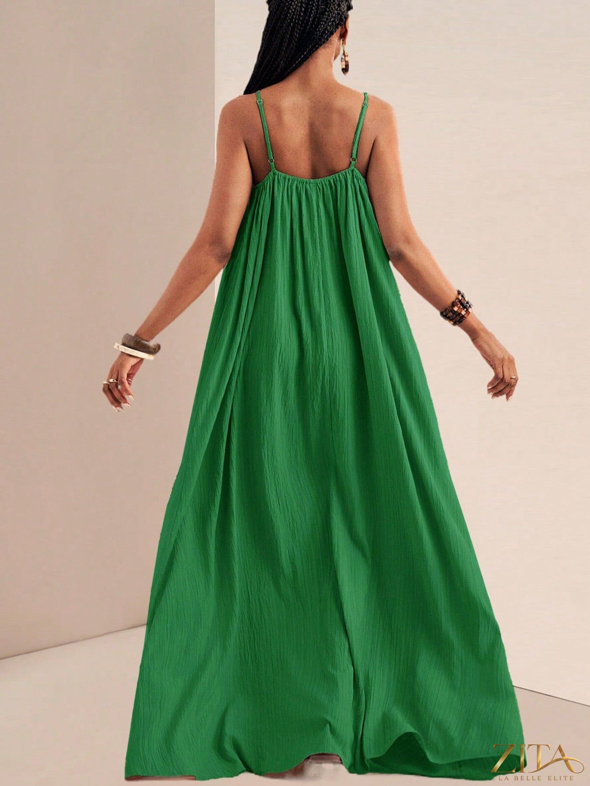 Zita La Belle Elite spaghetti strap flowy maxi dress in lightweight fabric, featuring a relaxed fit and elegant design.