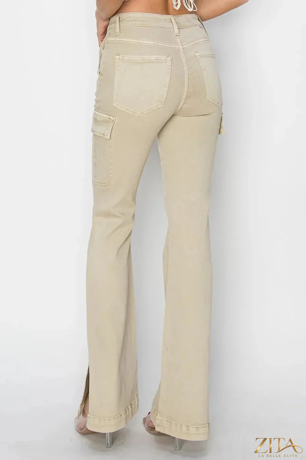 Zita La Belle Elite RISEN full size high rise side slit cargo bootcut jeans with classic denim wash and relaxed fit.