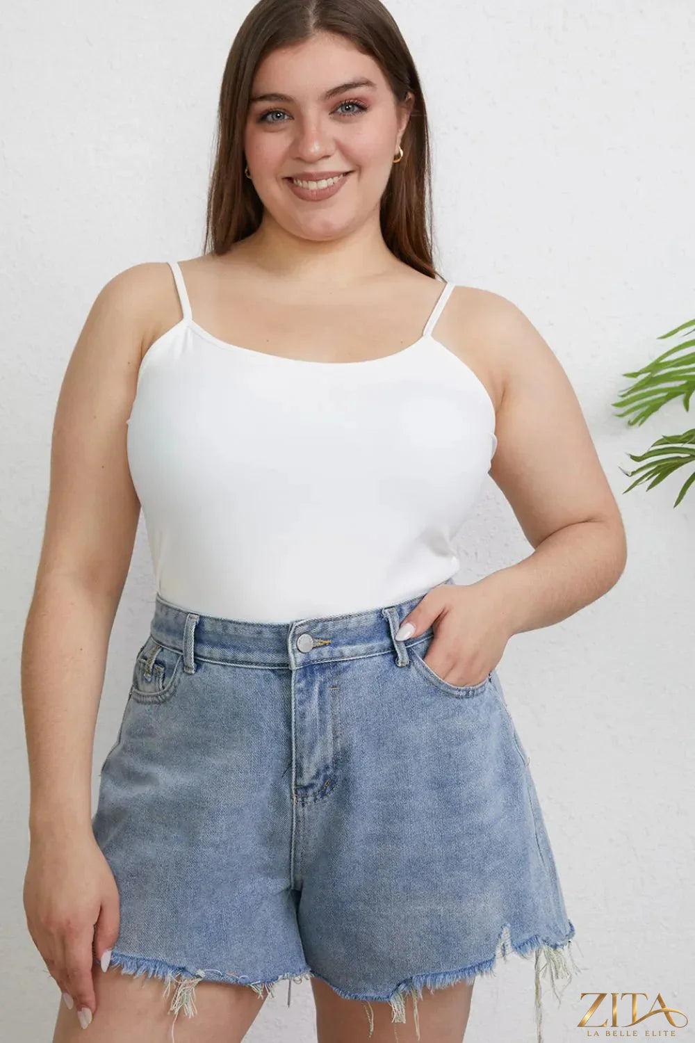 Zita La Belle Elite Basic Bae full size round neck slim cami in plus size, showcasing a fitted sleeveless tank top in black.