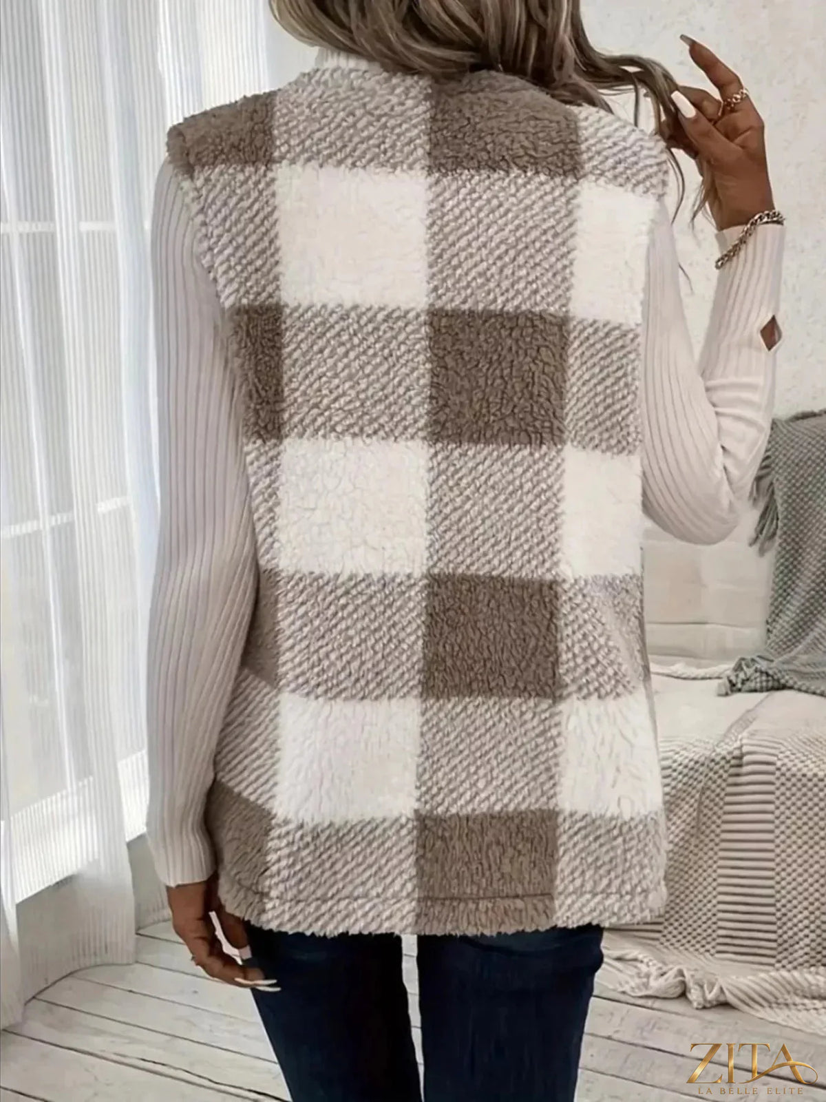 Zita La Belle Elite cozy plaid sherpa vest coat with soft lining and button closure, perfect for cold weather wear.
