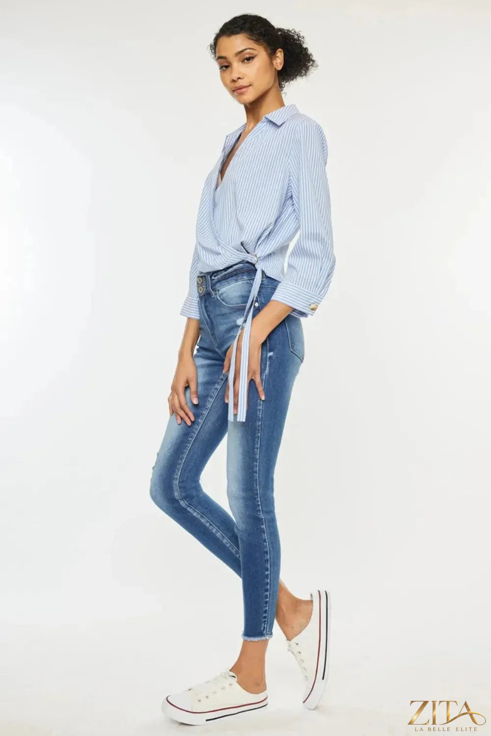Zita La Belle Elite Kancan distressed raw hem high waist jeans with ripped details and a fitted high-rise design.
