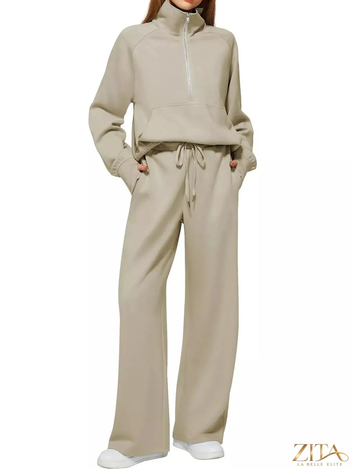 Zita La Belle Elite half-zip sweatshirt and wide-leg pants set in soft fabric, shown in a cozy, stylish loungewear ensemble.