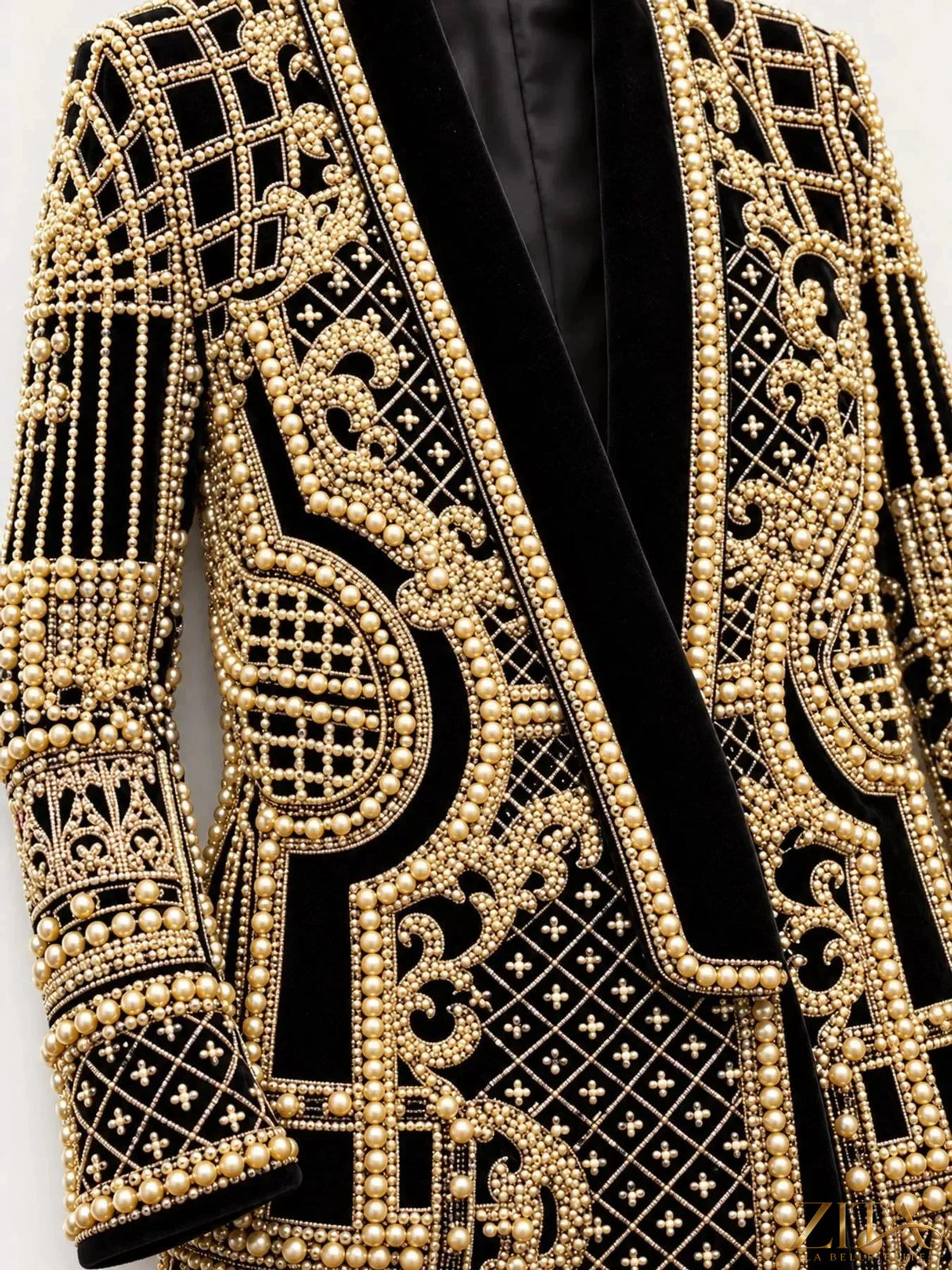 Plus size Zita La Belle Elite embellished pearl blazer with a single button, tailored fit, and stylish design.