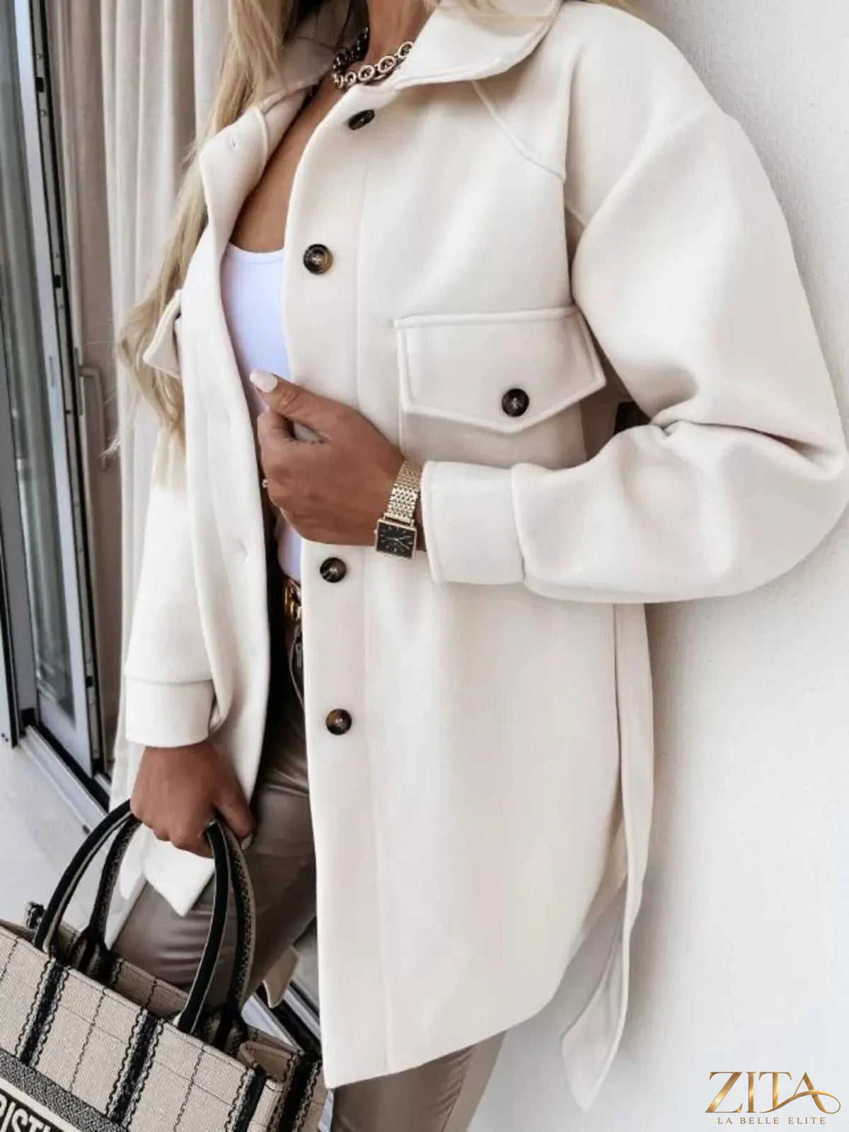 Zita La Belle Elite button-down tie waist coat in neutral fabric, featuring a classic collar and stylish belted waist design.