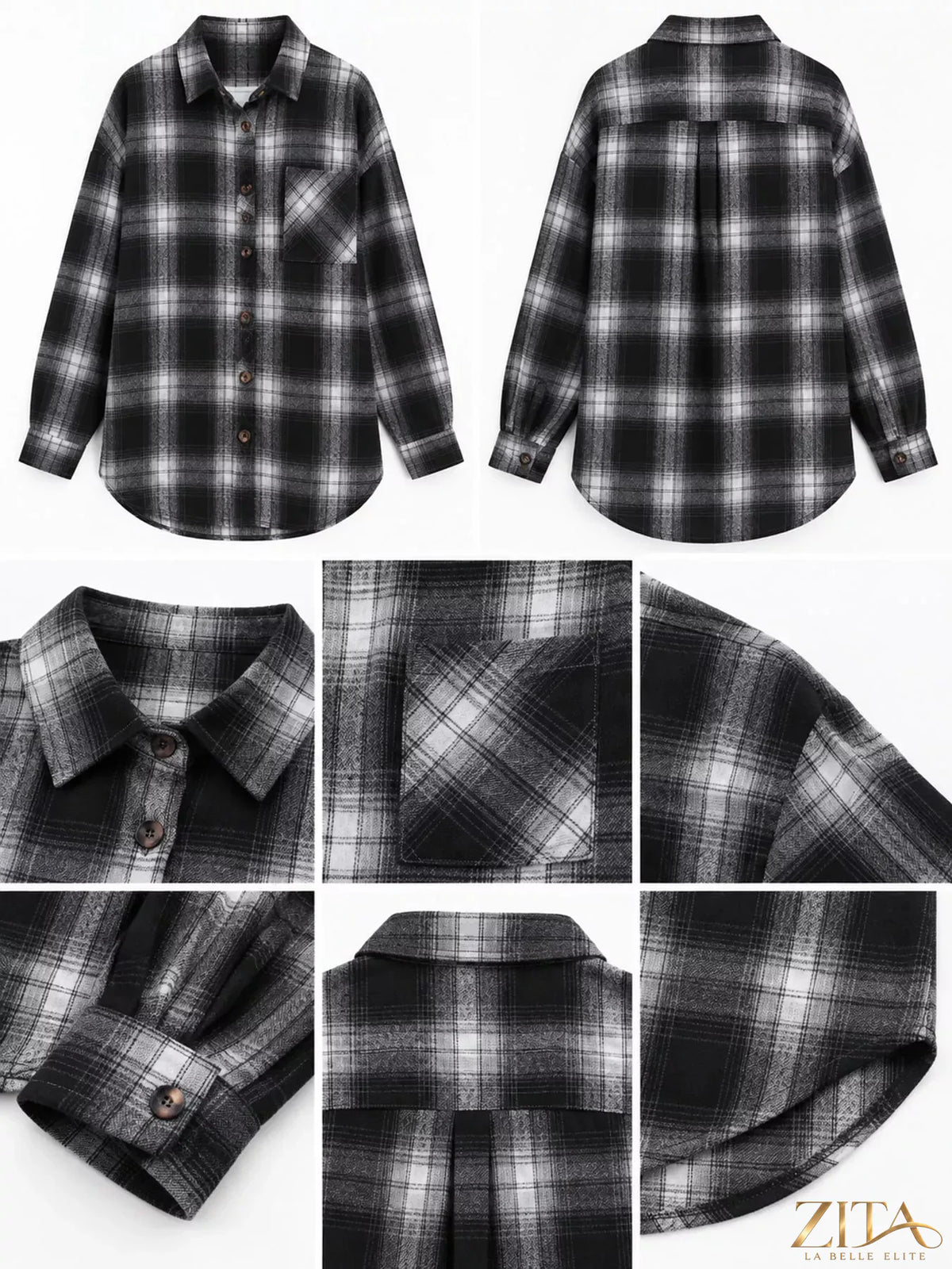 Zita La Belle Elite plaid button-down oversized shirt featuring a classic checkered pattern and relaxed fit.