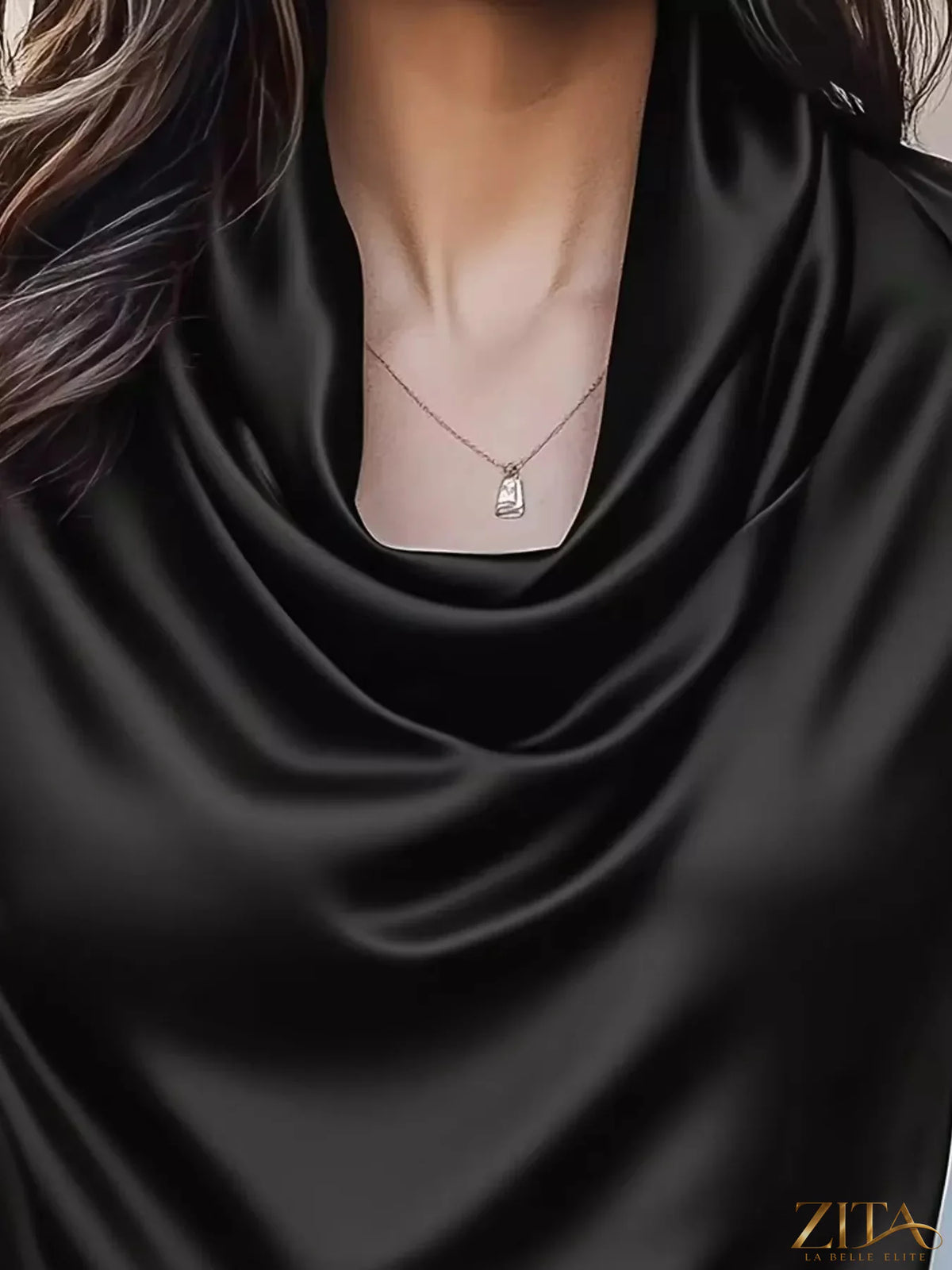 Zita La Belle Elite satin blouse with cowl neck, featuring a sleek, elegant design in a smooth satin fabric.