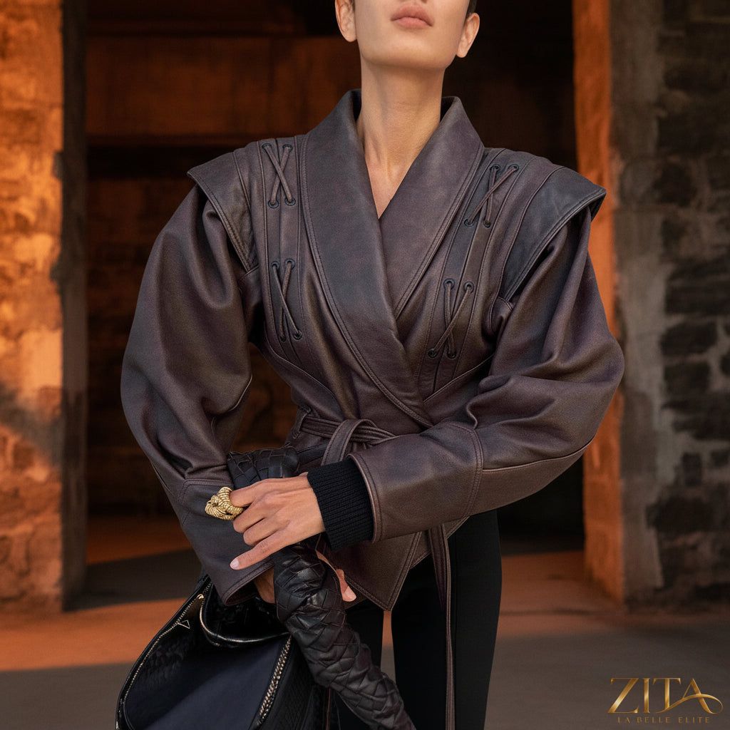 Zita La Belle Elite PU leather strap-up short jacket with V-neck, long sleeves, streetwear style, in black.