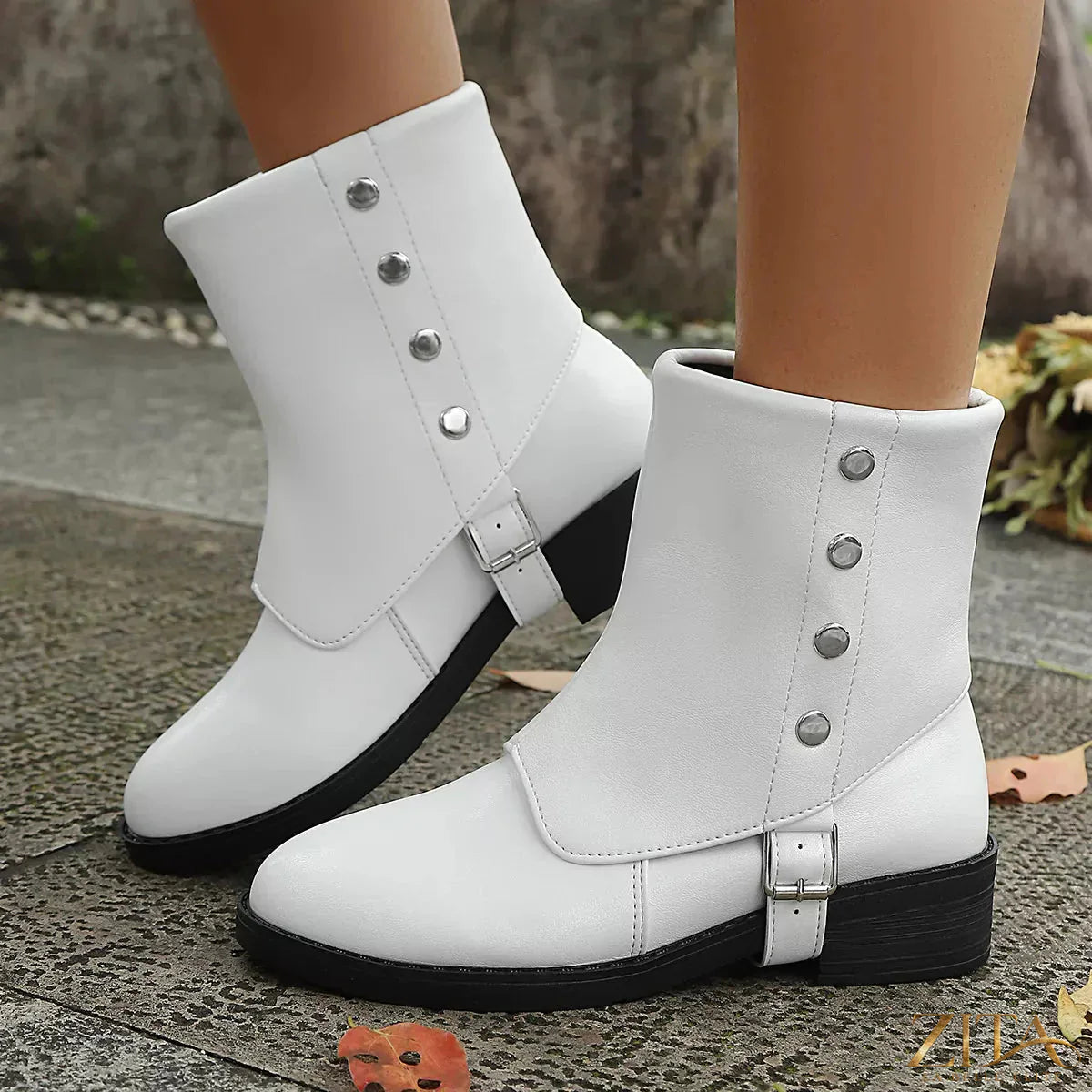 Zita La Belle Elite round toe block heel boots showing their stylish design and black leather material.