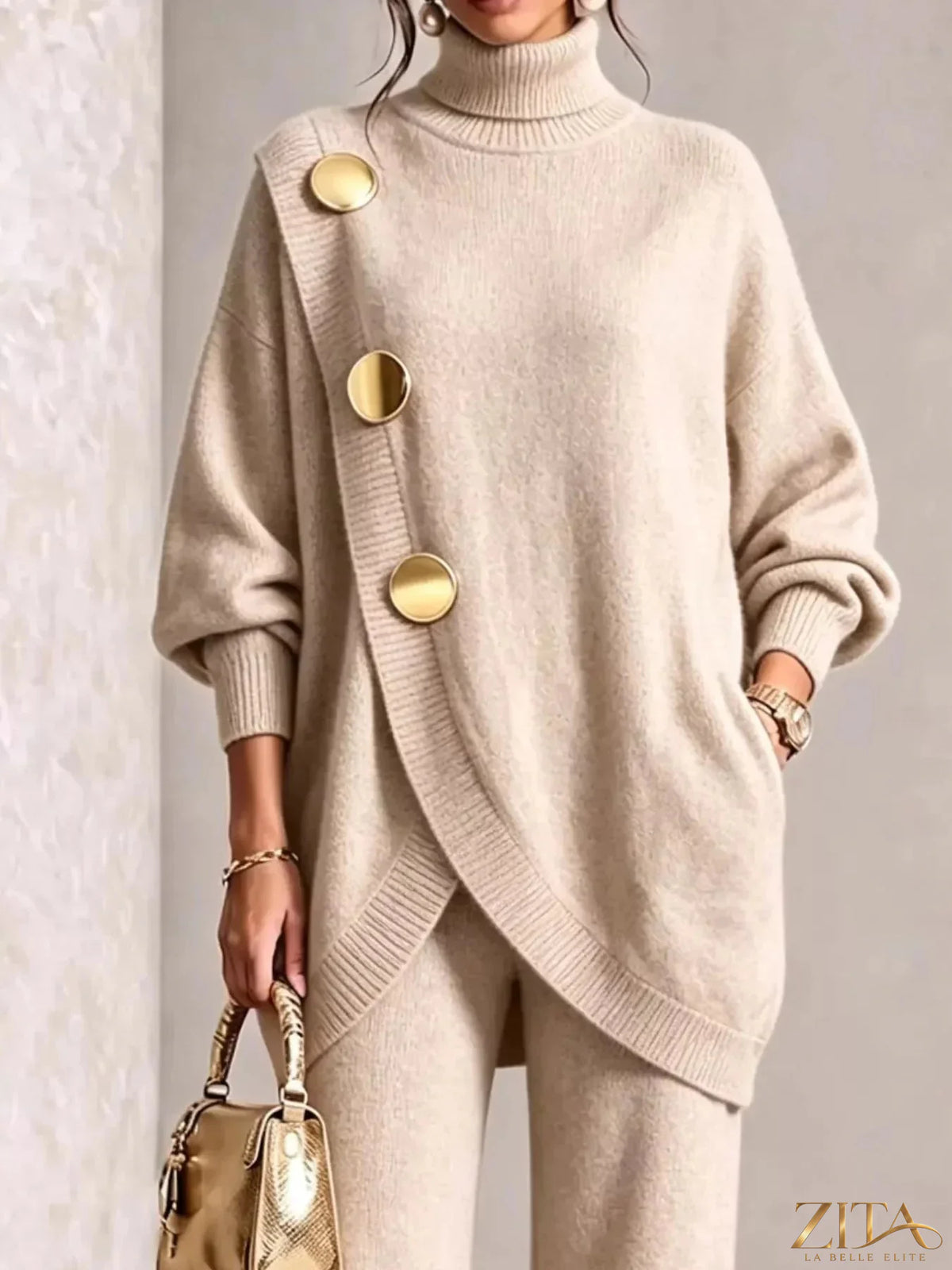 Gold button accent turtleneck sweater and matching pants set by Trendsi, featuring a cozy turtleneck with gold button details.